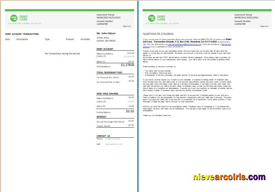 USA Green Dot bank statement Word and PDF, 3 pages